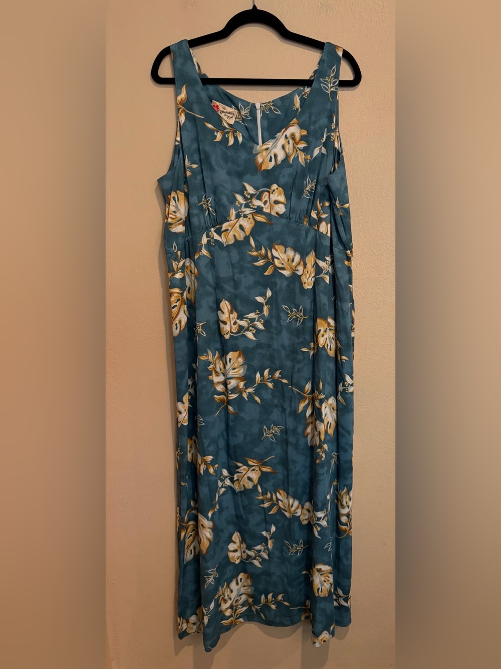 Hilo Hattie Teal and Gold Palm Leaf Hawaiian Dress, A-line Maxi, Women’s XL